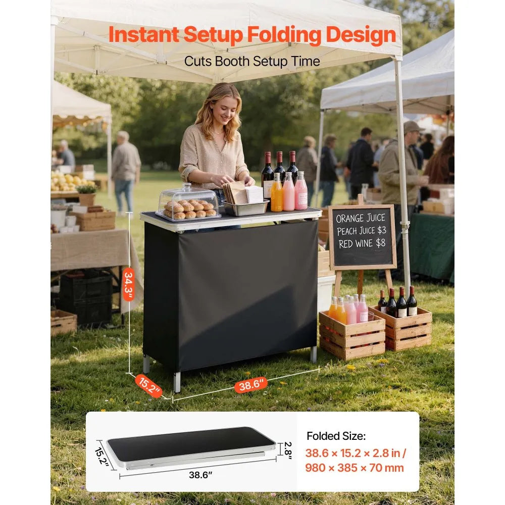 VEVOR Folding Portable Bar Table, 38.6 x 15.2 x 34.3 in, with Carry Bag, Storage Shelf, and Detachable Skirt, Quick and Easy Setup, Foldable Mobile Bartending Station for Events, Party, Tradeshow