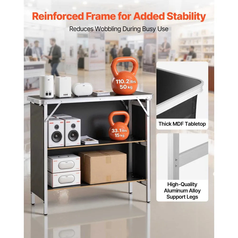 VEVOR Folding Portable Bar Table, 38.6 x 15.2 x 34.3 in, with Carry Bag, Storage Shelf, and Detachable Skirt, Quick and Easy Setup, Foldable Mobile Bartending Station for Events, Party, Tradeshow