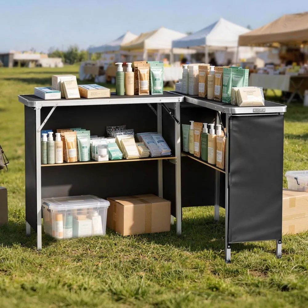 VEVOR Folding Portable Bar Table, 2 pcs, 38.6 x 15.2 x 34.3 in, with Carry Bag, Storage Shelf, Detachable Skirt, Quick and Easy Setup, Foldable Mobile Bartending Station for Events, Party, Tradeshow