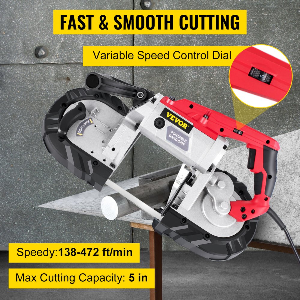 VEVOR Cordless Band Saw, 5-Inch Cut Capacity, Variable Speed, Handheld, 10A Motor, for Metal, Wood, Tubing, Pipes, Rebar, Plastic