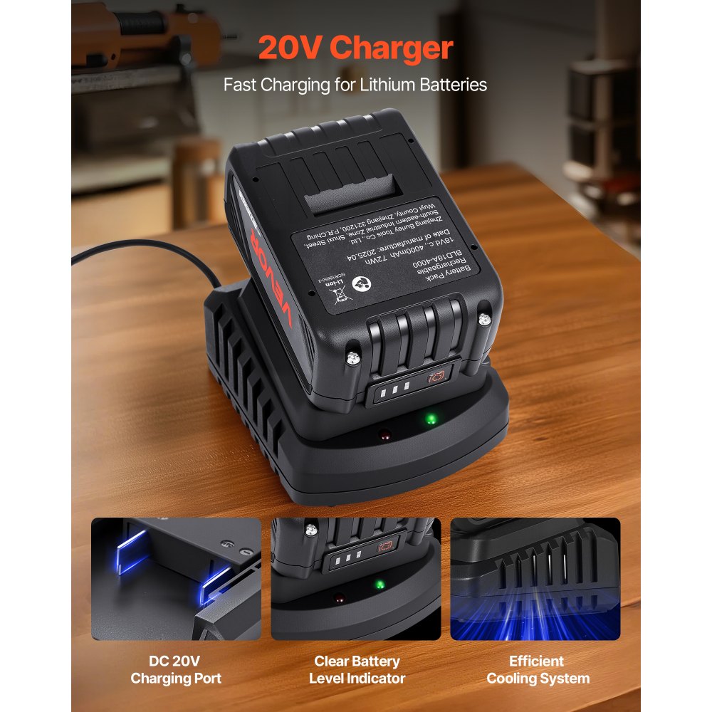 VEVOR 20V MAX, Portable Battery and Charger Combo, AC 110V, 4.0 Ah Lithium-Ion Battery Pack, 4000 mAh Large Capacity, Extended Runtime, Compatible with Series Tools, for Replacement and Fast Charging