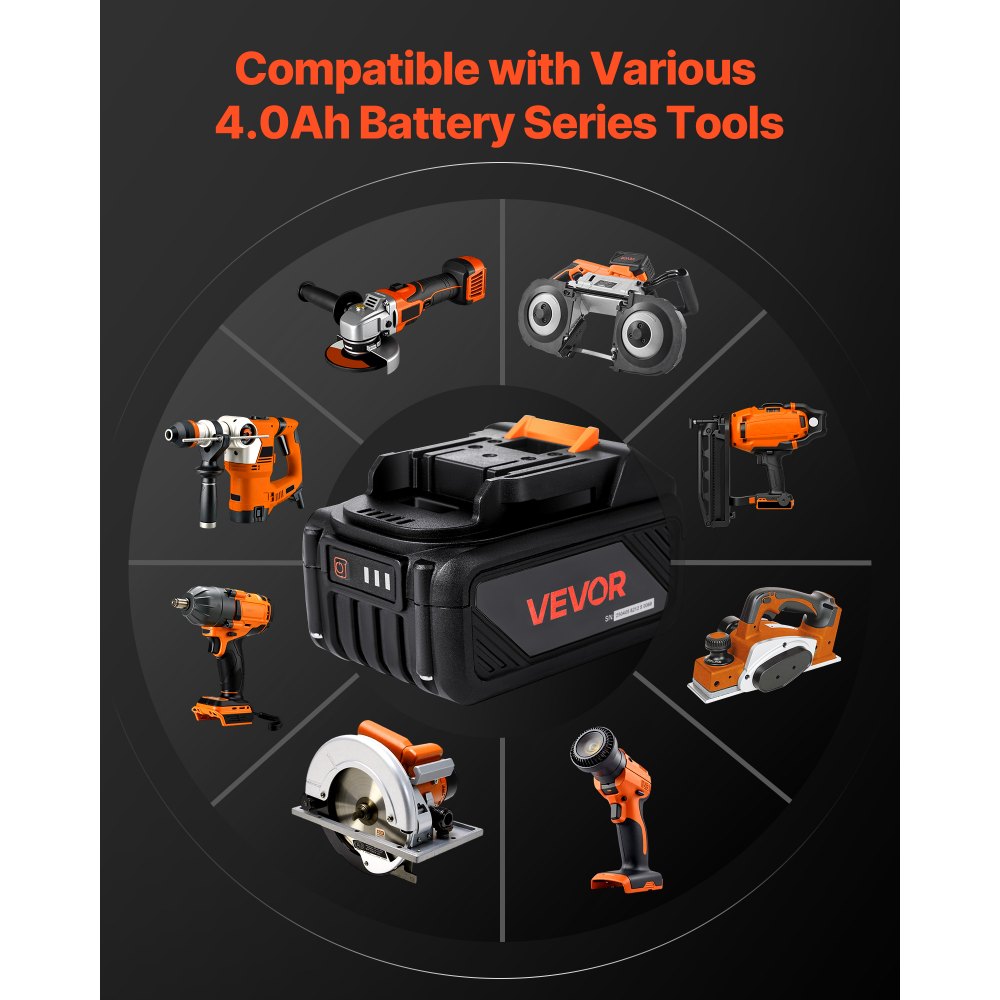 VEVOR 20V MAX, Portable Battery and Charger Combo, AC 110V, 4.0 Ah Lithium-Ion Battery Pack, 4000 mAh Large Capacity, Extended Runtime, Compatible with Series Tools, for Replacement and Fast Charging