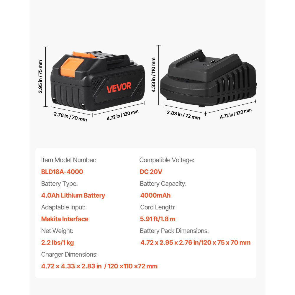 VEVOR 20V MAX, Portable Battery and Charger Combo, AC 110V, 4.0 Ah Lithium-Ion Battery Pack, 4000 mAh Large Capacity, Extended Runtime, Compatible with Series Tools, for Replacement and Fast Charging