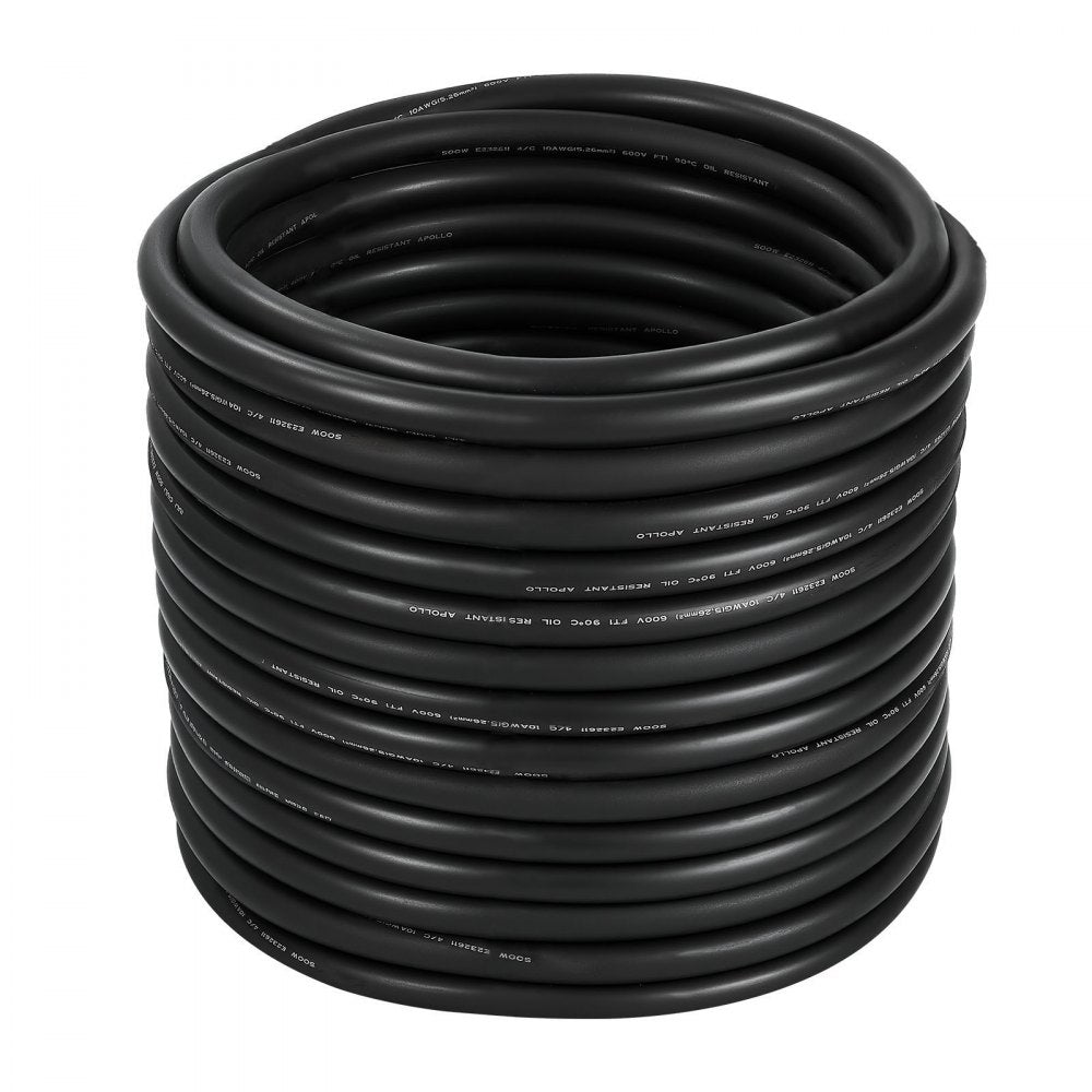 VEVOR 100 FT 10AWG Portable Power Cable (4 Conductor), Heavy Duty 600V SOOW Electrical Power Cable, Industrial Grade Electric Wire, Premium CPE Rubber Jacket, Copper Extension Cord for Welder Machine