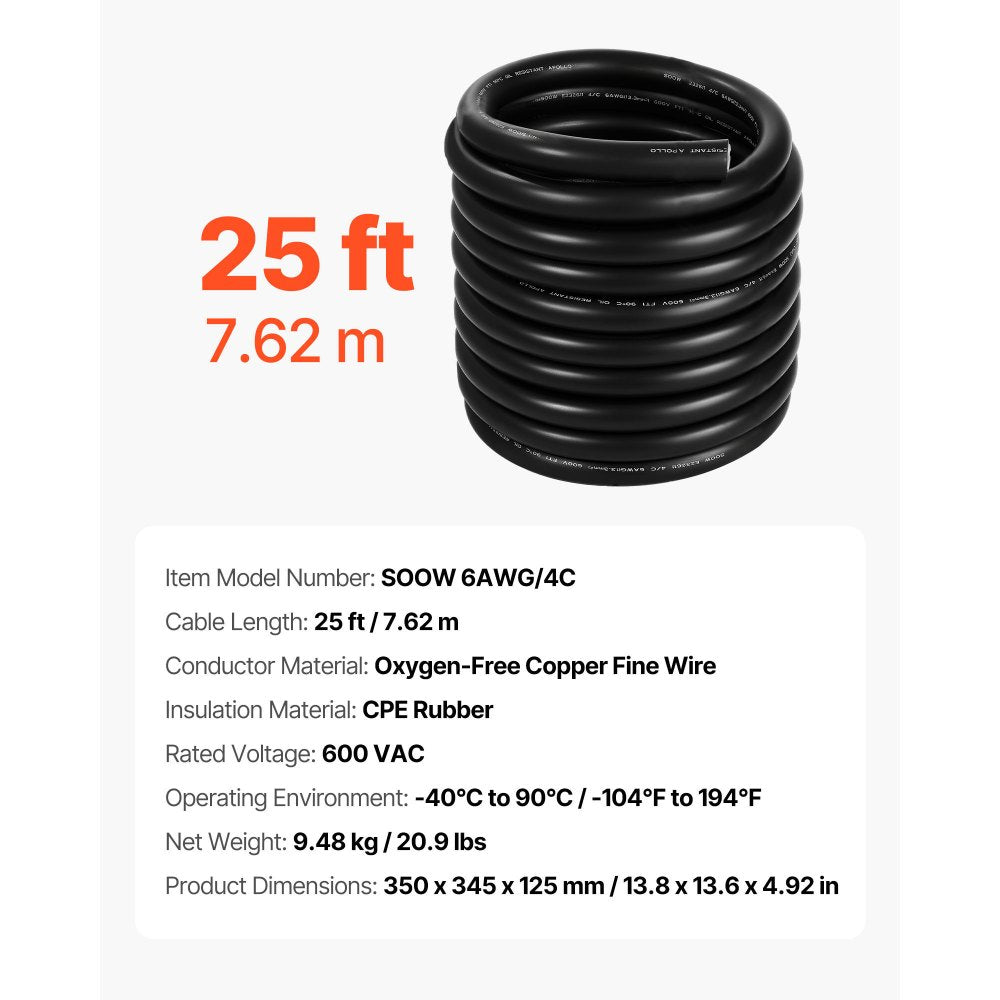 VEVOR 25 FT 6AWG Portable Power Cable (4 Conductor), Heavy Duty 600V SOOW Electrical Power Cable, Industrial Grade Electric Wire, Premium CPE Rubber Jacket, Copper Extension Cord for Welder Machine