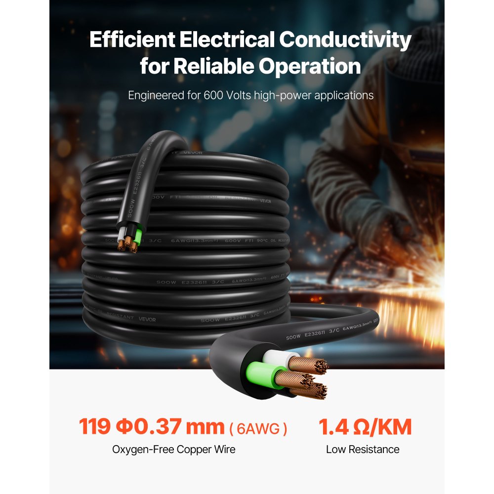 VEVOR 50 FT 6AWG Portable Power Cable (3 Conductor), Heavy Duty 600V SOOW Electrical Power Cable, Industrial Grade Electric Wire, Premium CPE Rubber Jacket, Copper Extension Cord for Welder Machine
