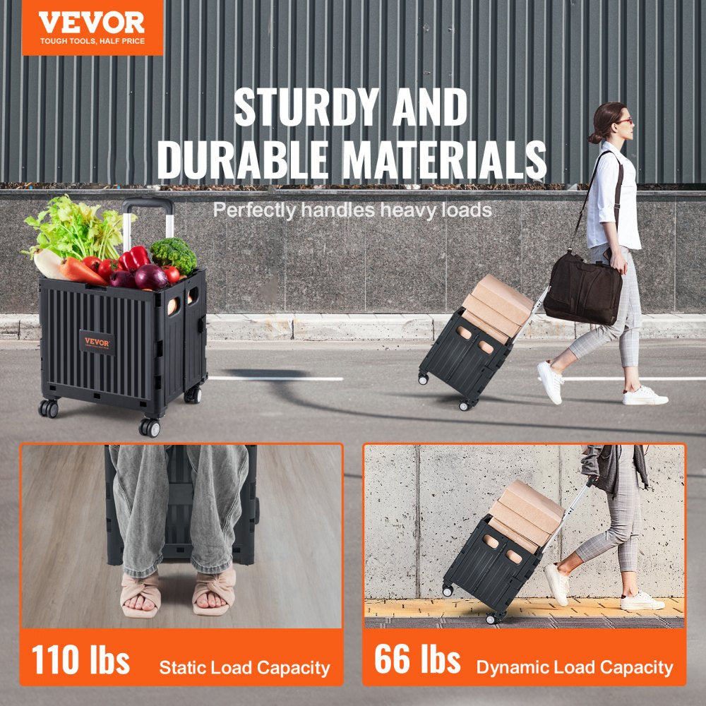 VEVOR Foldable Utility Cart, 110 lbs Load Capacity, Folding Portable Rolling Crate Handcart with Heavy Duty Telescoping Handle and 4 Rotate Wheels for Travel Shopping Moving Luggage Office Use, Black