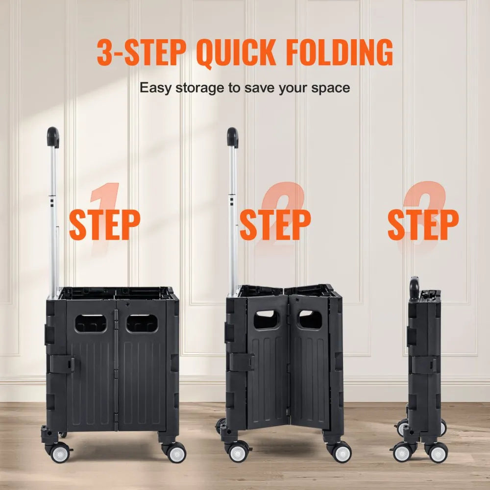VEVOR Foldable Utility Cart, 110 lbs Load Capacity, Folding Portable Rolling Crate Handcart with Heavy Duty Telescoping Handle and 4 Rotate Wheels for Travel Shopping Moving Luggage Office Use, Black