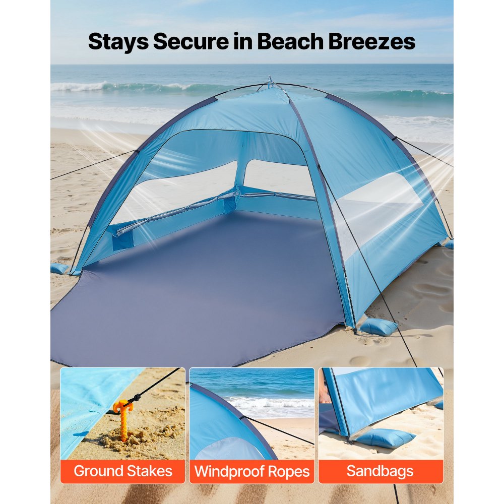 VEVOR Beach Tent Sun Shelter for 6 Person, UPF 50+ Protection, Portable Sun Shade Canopy with Carrying Bag & Sand Pockets, Lightweight and Easy Setup Beach Umbrella for Camping Fishing Outdoor Picnic