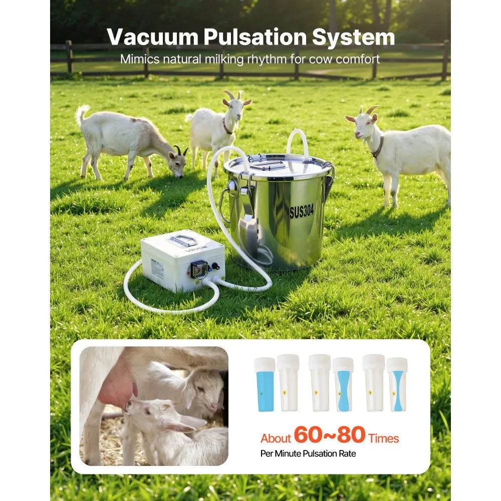 VEVOR Goat Milking Machine, 0.8 Gal / 3 L Food-Grade Stainless Steel Bucket, with 5200 mAh Rechargeable Battery, 2 Teat Cups, Cordless Portable Pulsation Vaccum Electric Milking Machine for Goats Only