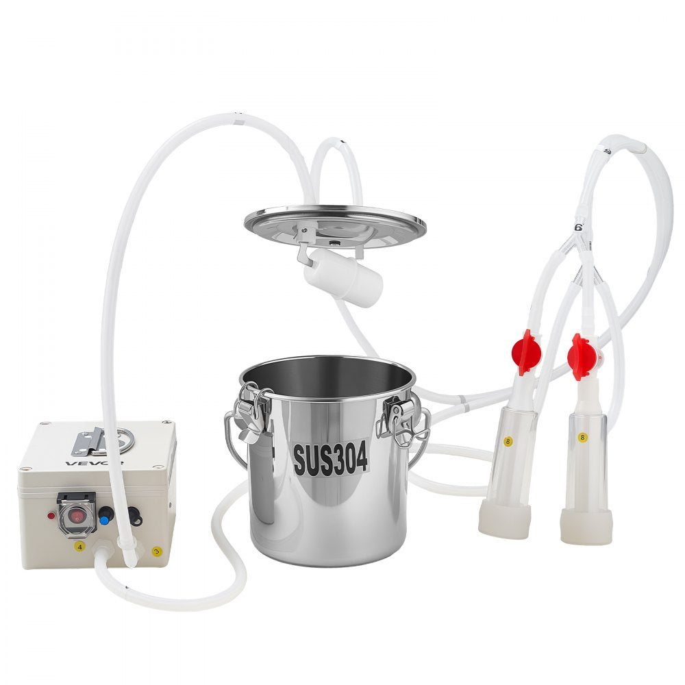 VEVOR Goat Milking Machine, 0.8 Gal / 3 L Food-Grade Stainless Steel Bucket, with 5200 mAh Rechargeable Battery, 2 Teat Cups, Cordless Portable Pulsation Vaccum Electric Milking Machine for Goats Only