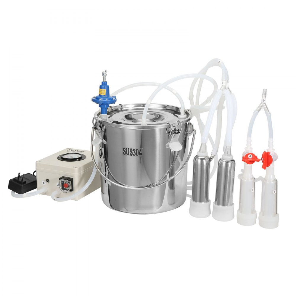 VEVOR Goat Milking Machine, 12 L 304 Stainless Steel Bucket, Electric Automatic Pulsation Vacuum Milker, Portable Milker with Food-grade Silicone Cups and Tubes, Adjustable Suction for Cows and Sheep