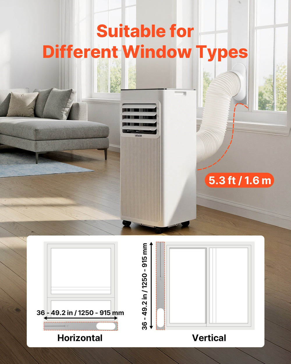 Portable AC window installation compatibility and 5.3 ft exhaust hose