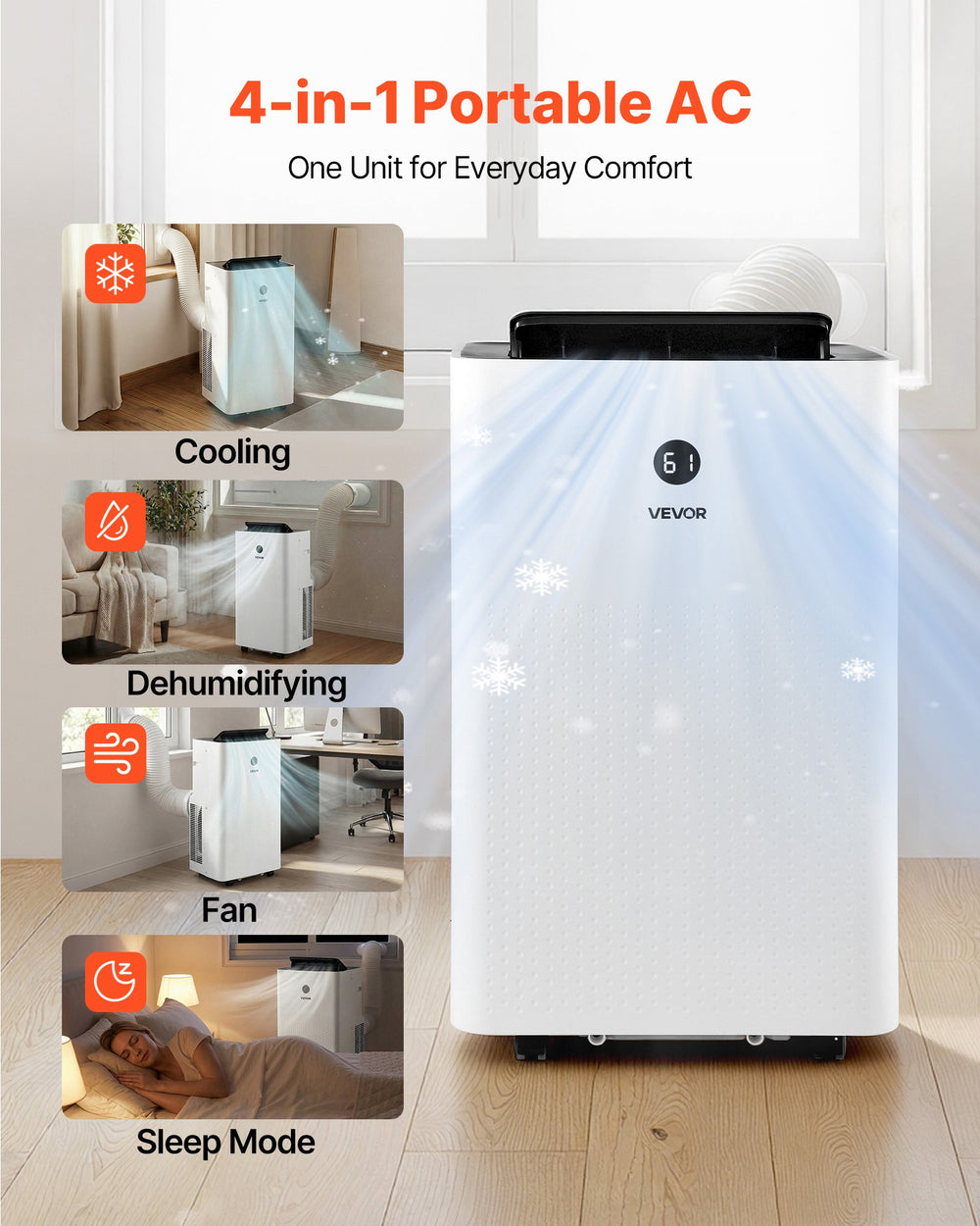 VEVOR 4-in-1 portable AC modes: cooling, dehumidifying, fan, sleep mode