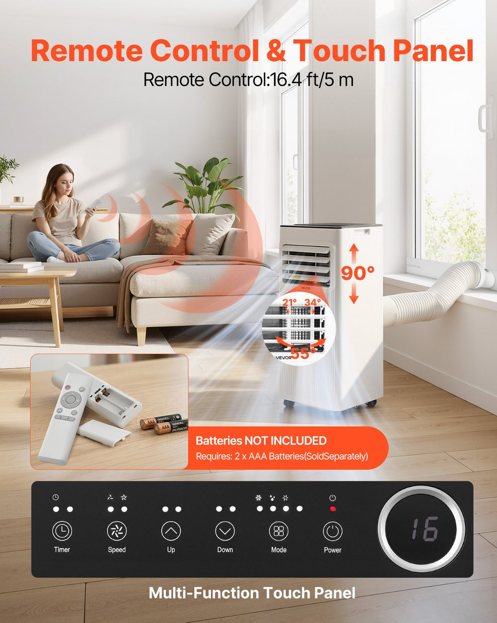 Remote control and LED touch panel with airflow adjustment (batteries not included)