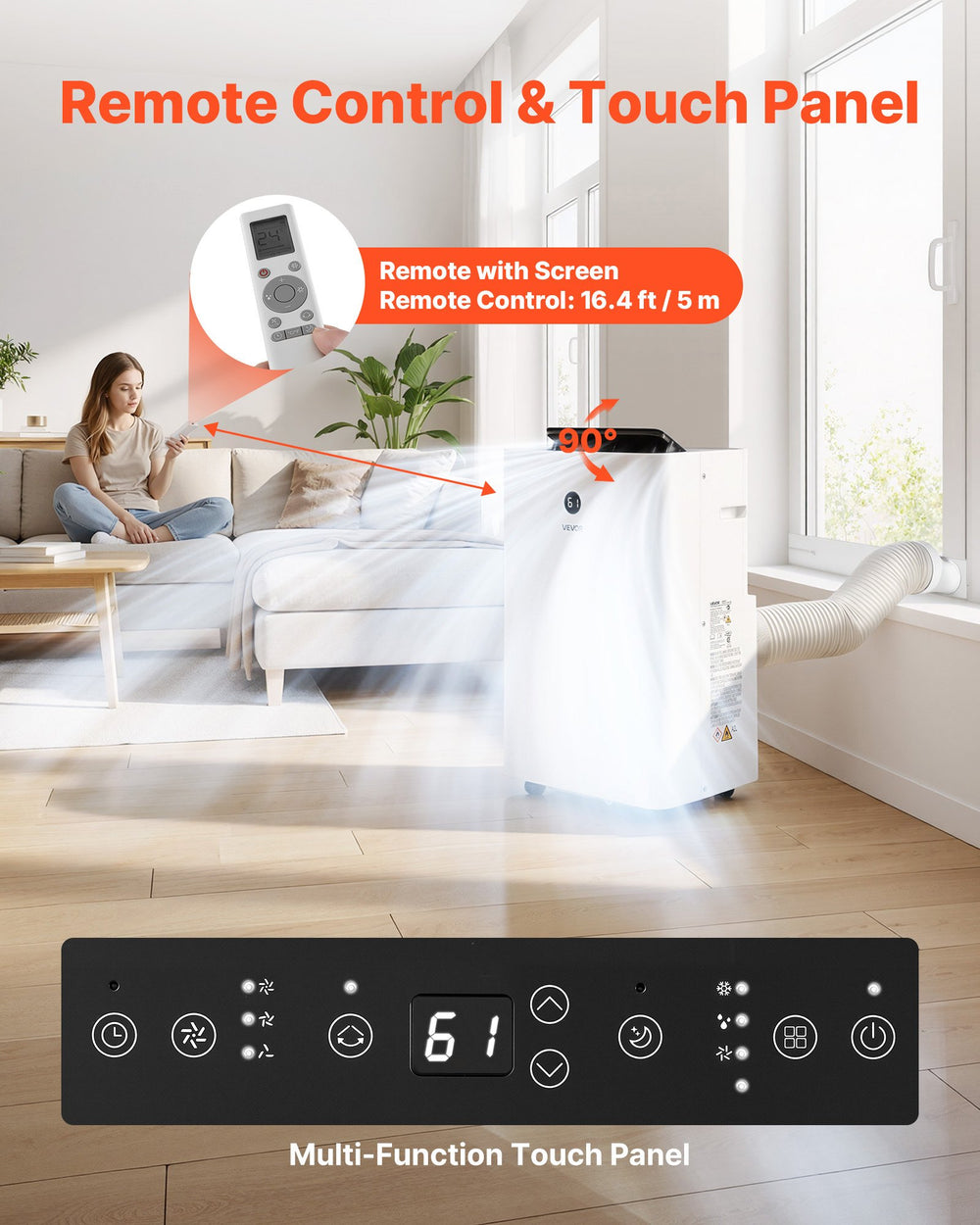 VEVOR remote control and multi-function touch panel (90 degree airflow swing)