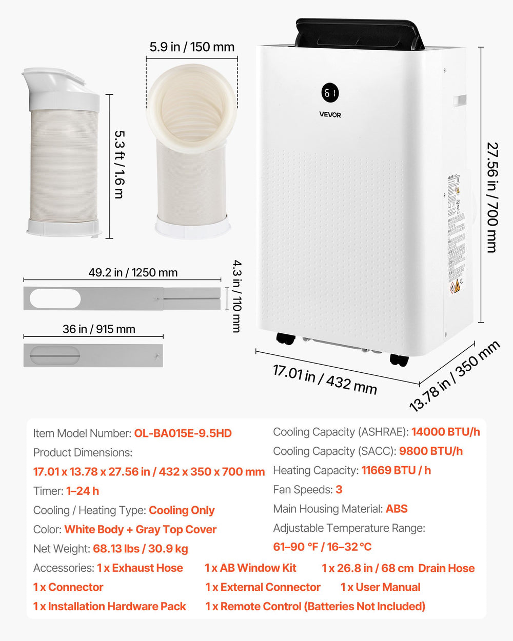 VEVOR portable AC dimensions and included accessories overview