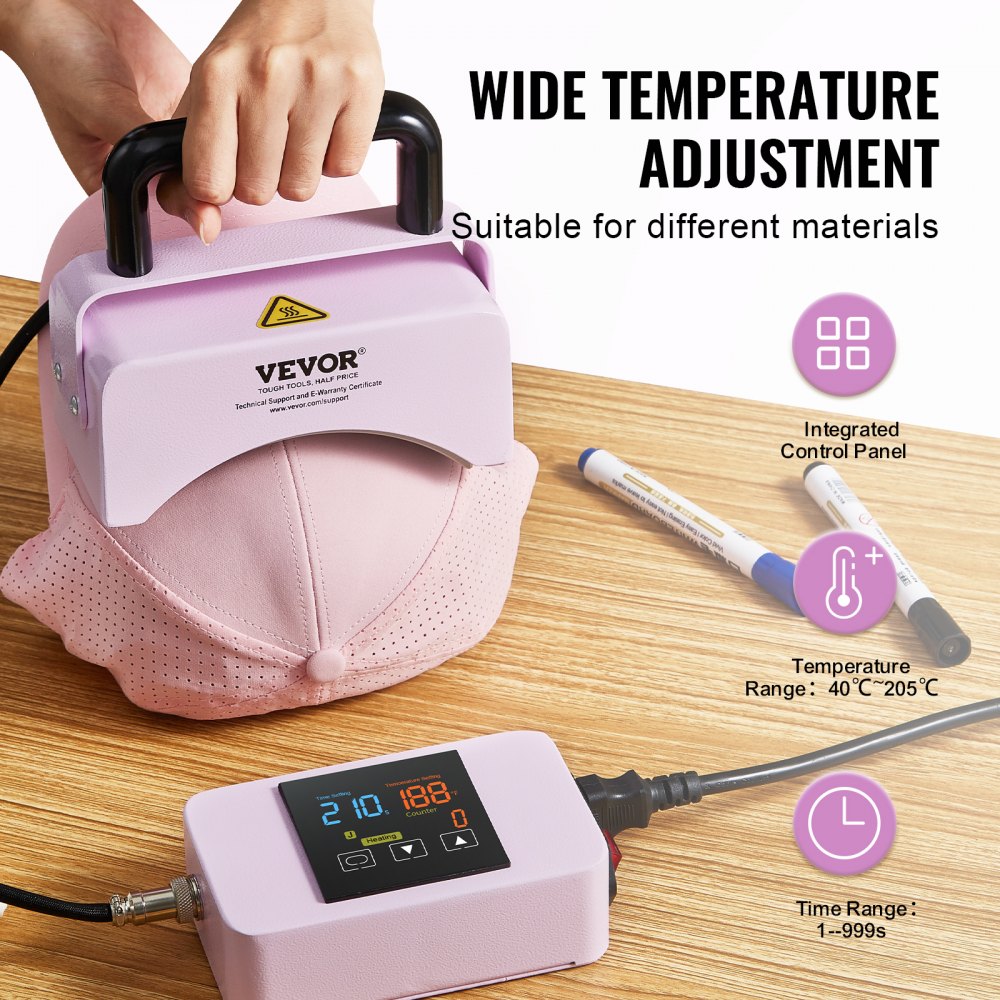 VEVOR Hat Press Machine, Mini Hat Heat Press for Caps with Integrated Control Panel, Cap Heat Press Machine with 5.9x3.15 inch Curved Heating Plate, Safety Base, and Glove, Automatic Shut-Off, Purple