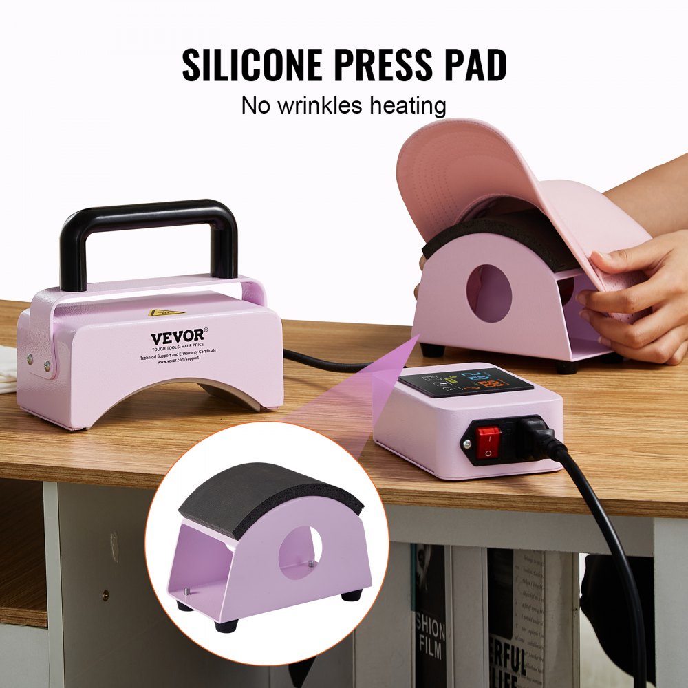 VEVOR Hat Press Machine, Mini Hat Heat Press for Caps with Integrated Control Panel, Cap Heat Press Machine with 5.9x3.15 inch Curved Heating Plate, Safety Base, and Glove, Automatic Shut-Off, Purple