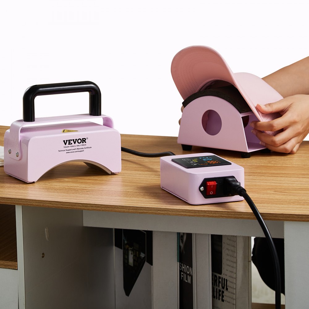 VEVOR Hat Press Machine, Mini Hat Heat Press for Caps with Integrated Control Panel, Cap Heat Press Machine with 5.9x3.15 inch Curved Heating Plate, Safety Base, and Glove, Automatic Shut-Off, Purple
