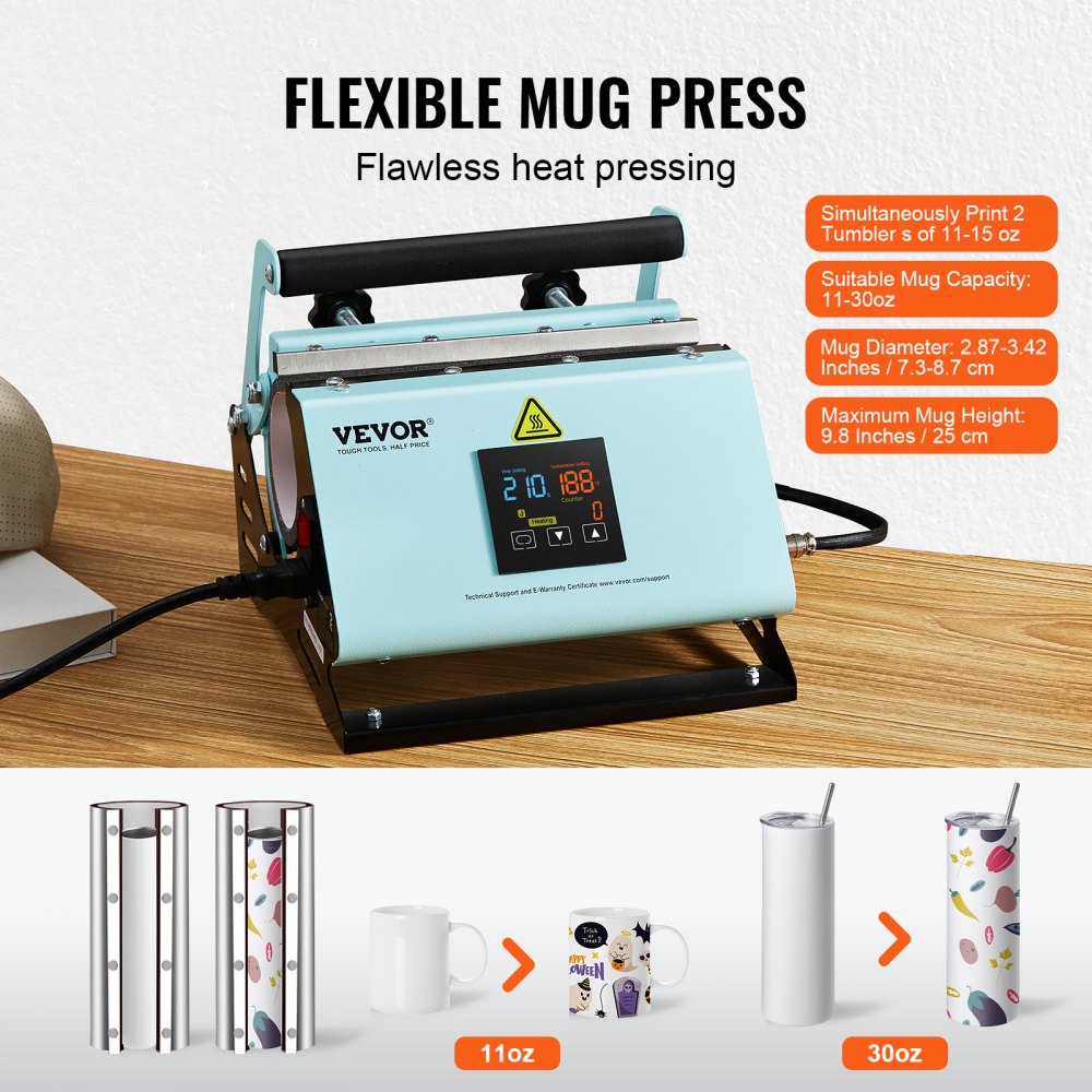 VEVOR 2 in 1 Tumbler and Hat Heat Press Machine, Mini Hat Heat Press for Caps and Hats, Tumbler Heat Press for 11-30oz Sublimation Tumblers and Mugs, Temperature and Time Control, Green