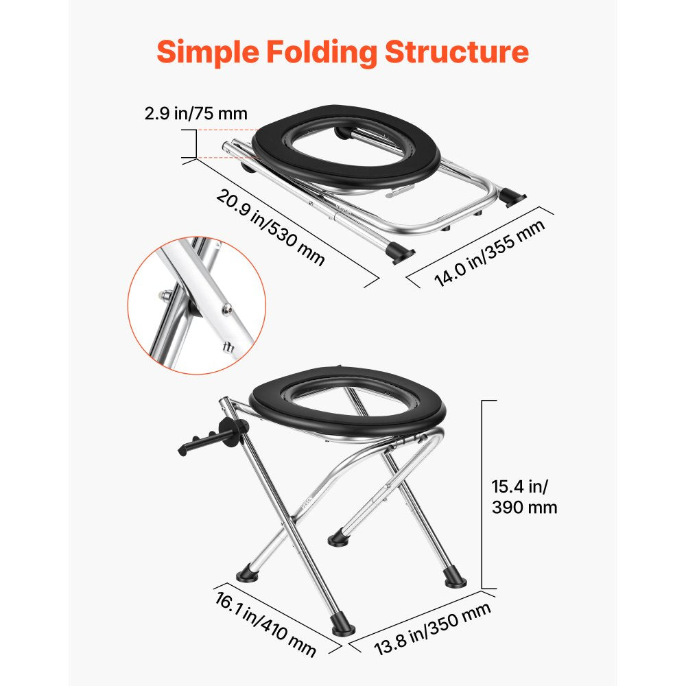 VEVOR Portable Toilet for Camping, 350 lbs Weight Capacity, Stainless Steel Foldable Camp Travel Toilet with Soft Seat for Adults, Suitable for Truckers, RV Travel, Camping, Road Trips, Outdoor Use