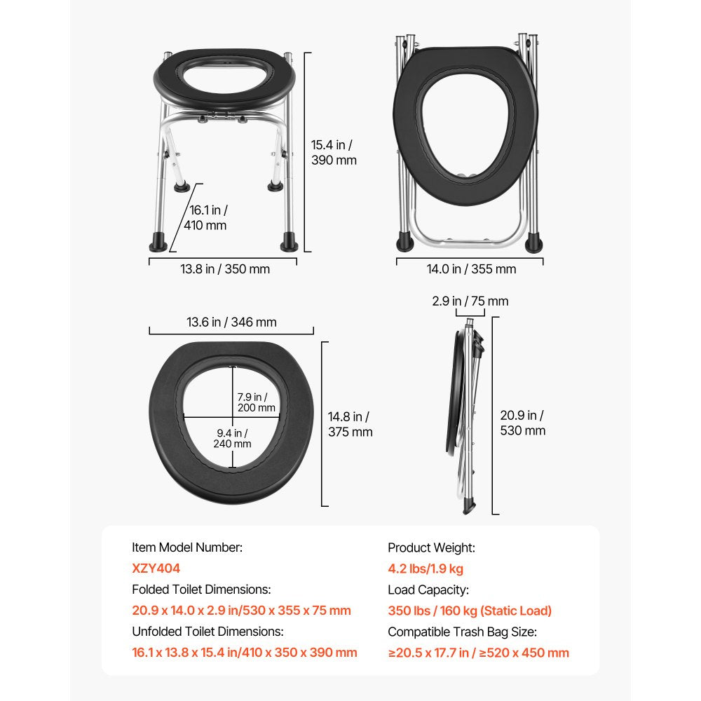VEVOR Portable Toilet for Camping, 350 lbs Weight Capacity, Stainless Steel Foldable Camp Travel Toilet with Soft Seat for Adults, Suitable for Truckers, RV Travel, Camping, Road Trips, Outdoor Use
