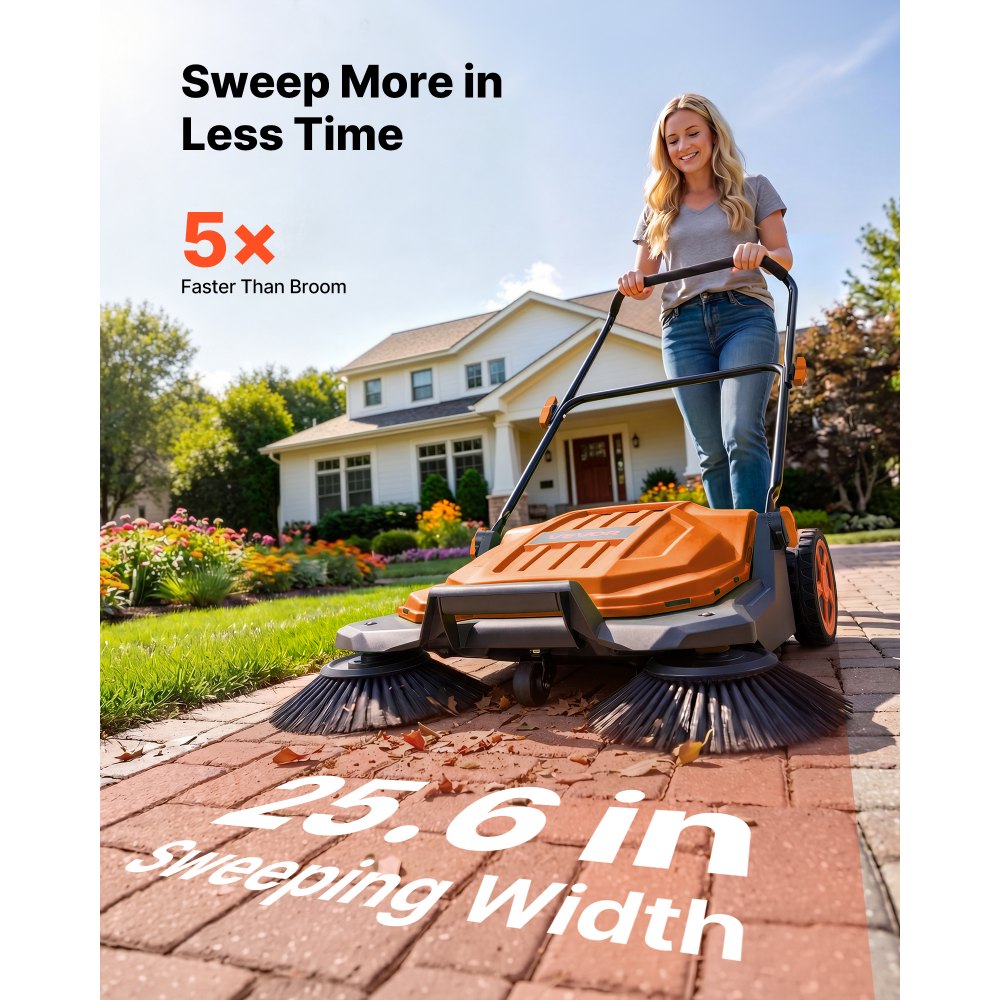 VEVOR Walk-Behind Hand Push Floor Sweeper, Manual Floor Sweeper Non-Electric with 25.6" Sweeping Width, 5 Gallons Waste Container & Adjustable Folding Handle for Yards Walkways Patios Garages - Orange