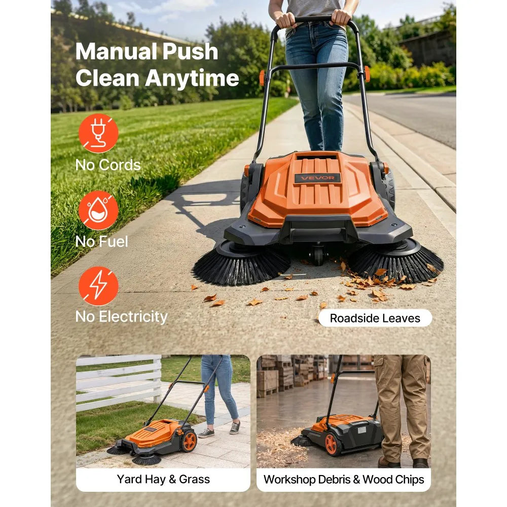 VEVOR Walk-Behind Hand Push Floor Sweeper, Manual Floor Sweeper Non-Electric with 25.6" Sweeping Width, 5 Gallons Waste Container & Adjustable Folding Handle for Yards Walkways Patios Garages - Orange