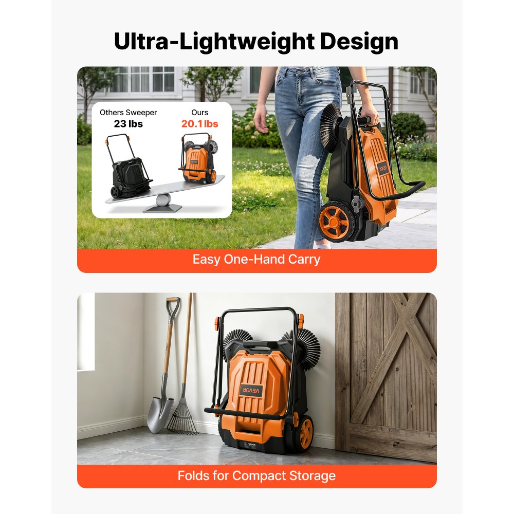 VEVOR Walk-Behind Hand Push Floor Sweeper, Manual Floor Sweeper Non-Electric with 25.6" Sweeping Width, 5 Gallons Waste Container & Adjustable Folding Handle for Yards Walkways Patios Garages - Orange