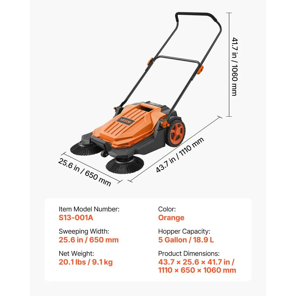 VEVOR Walk-Behind Hand Push Floor Sweeper, Manual Floor Sweeper Non-Electric with 25.6" Sweeping Width, 5 Gallons Waste Container & Adjustable Folding Handle for Yards Walkways Patios Garages - Orange
