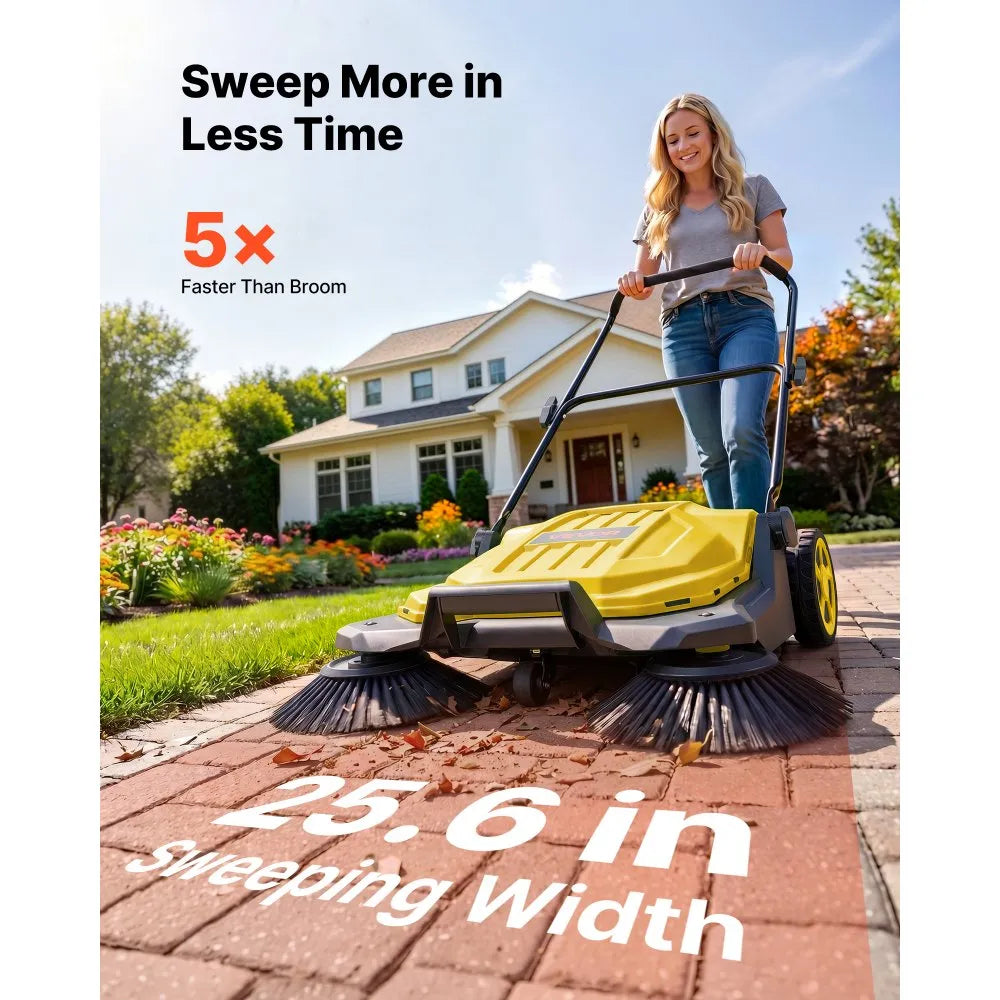 VEVOR Walk-Behind Hand Push Floor Sweeper, Manual Floor Sweeper Non-Electric with 25.6" Sweeping Width, 5 Gallons Waste Container & Adjustable Folding Handle for Yards Walkways Patios Garages - Yellow