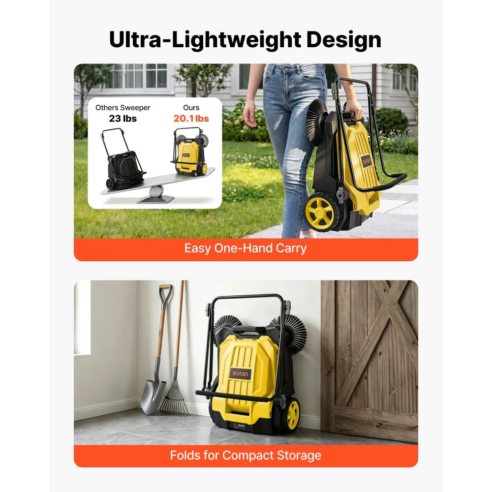 VEVOR Walk-Behind Hand Push Floor Sweeper, Manual Floor Sweeper Non-Electric with 25.6" Sweeping Width, 5 Gallons Waste Container & Adjustable Folding Handle for Yards Walkways Patios Garages - Yellow