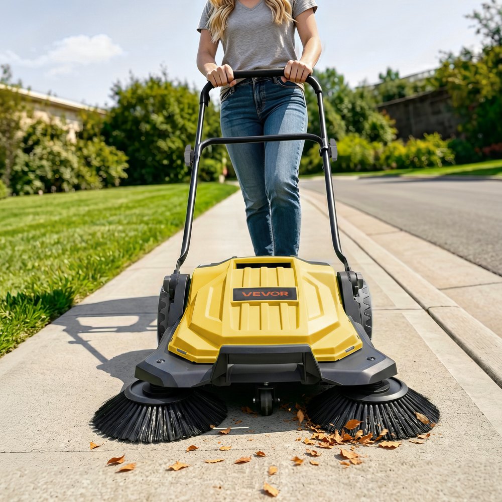 VEVOR Walk-Behind Hand Push Floor Sweeper, Manual Floor Sweeper Non-Electric with 25.6" Sweeping Width, 5 Gallons Waste Container & Adjustable Folding Handle for Yards Walkways Patios Garages - Yellow