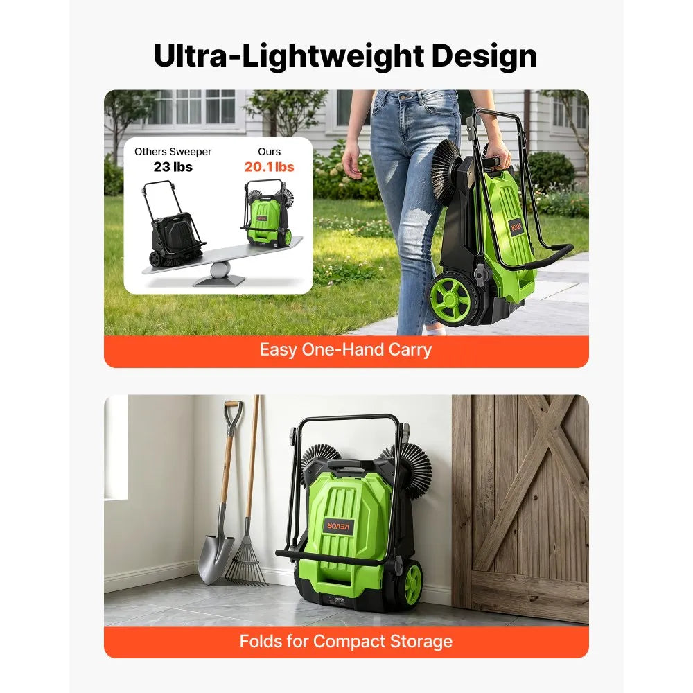 VEVOR Walk-Behind Hand Push Floor Sweeper, Manual Floor Sweeper Non-Electric with 25.6" Sweeping Width, 5 Gallons Waste Container & Adjustable Folding Handle for Yards Walkways Patios Garages - Green