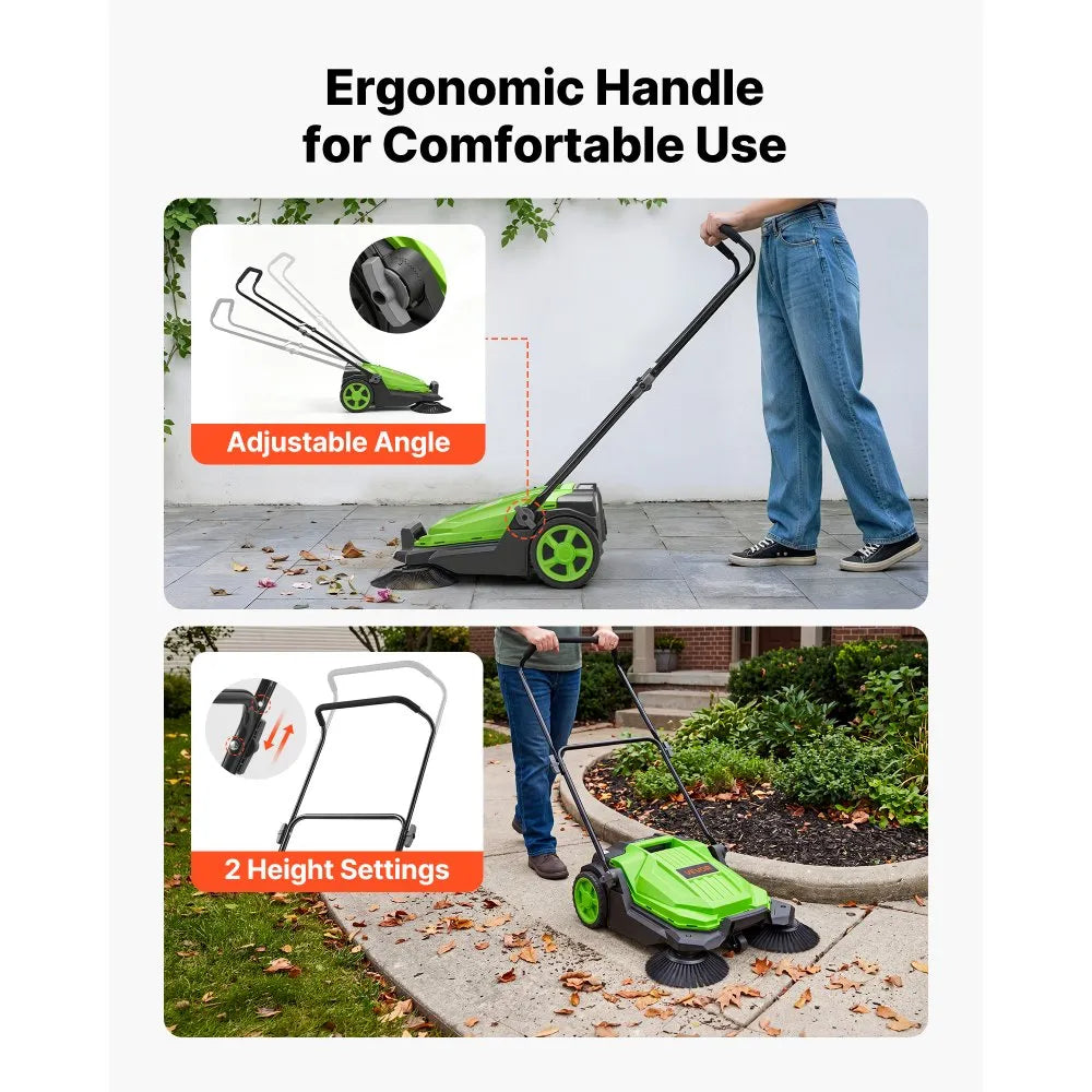 VEVOR Walk-Behind Hand Push Floor Sweeper, Manual Floor Sweeper Non-Electric with 25.6" Sweeping Width, 5 Gallons Waste Container & Adjustable Folding Handle for Yards Walkways Patios Garages - Green
