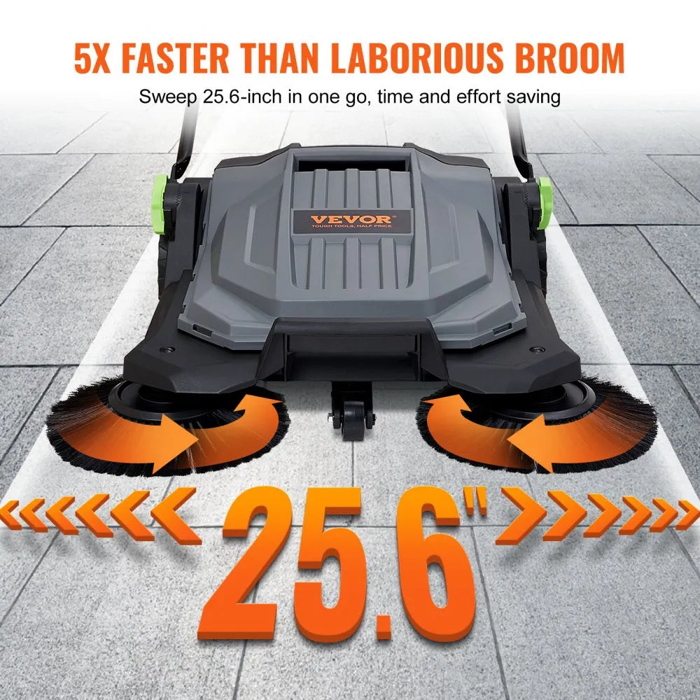 VEVOR Walk-behind Hand Push Floor Sweeper, 25.6" Sweeping Width Floor Sweeper Manual Non-Electric, 5-Gallon Waste Container, Angle & Height Adjustable Folding Handle for Walkway, Yard, Garage, Patio