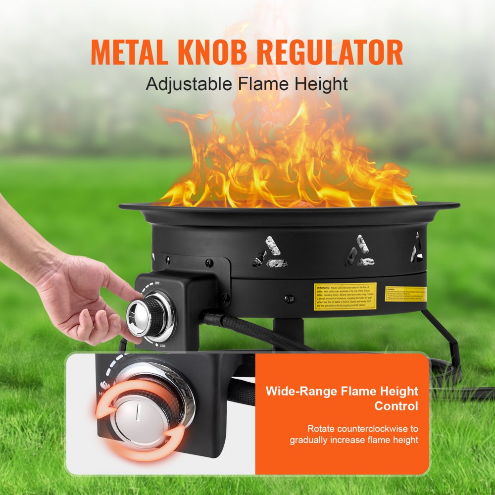 VEVOR Propane Fire Pit, 19-Inch Diameter Outdoor Portable Gas Fire Pit with Cover & Lava Rocks, Adjustable Flame Height Camping Firepit for Heating, Lighting, Gathering, 58,000 BTU, Black