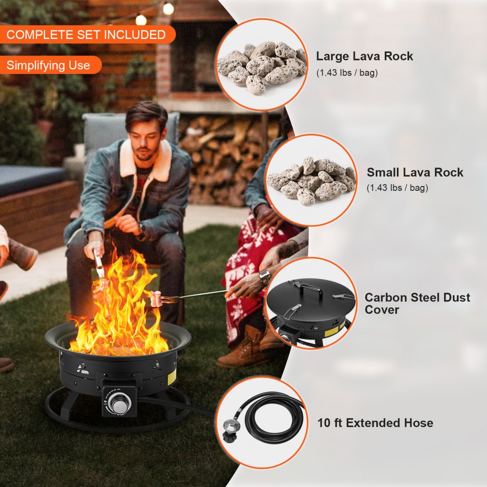 VEVOR Propane Fire Pit, 19-Inch Diameter Outdoor Portable Gas Fire Pit with Cover & Lava Rocks, Adjustable Flame Height Camping Firepit for Heating, Lighting, Gathering, 58,000 BTU, Black
