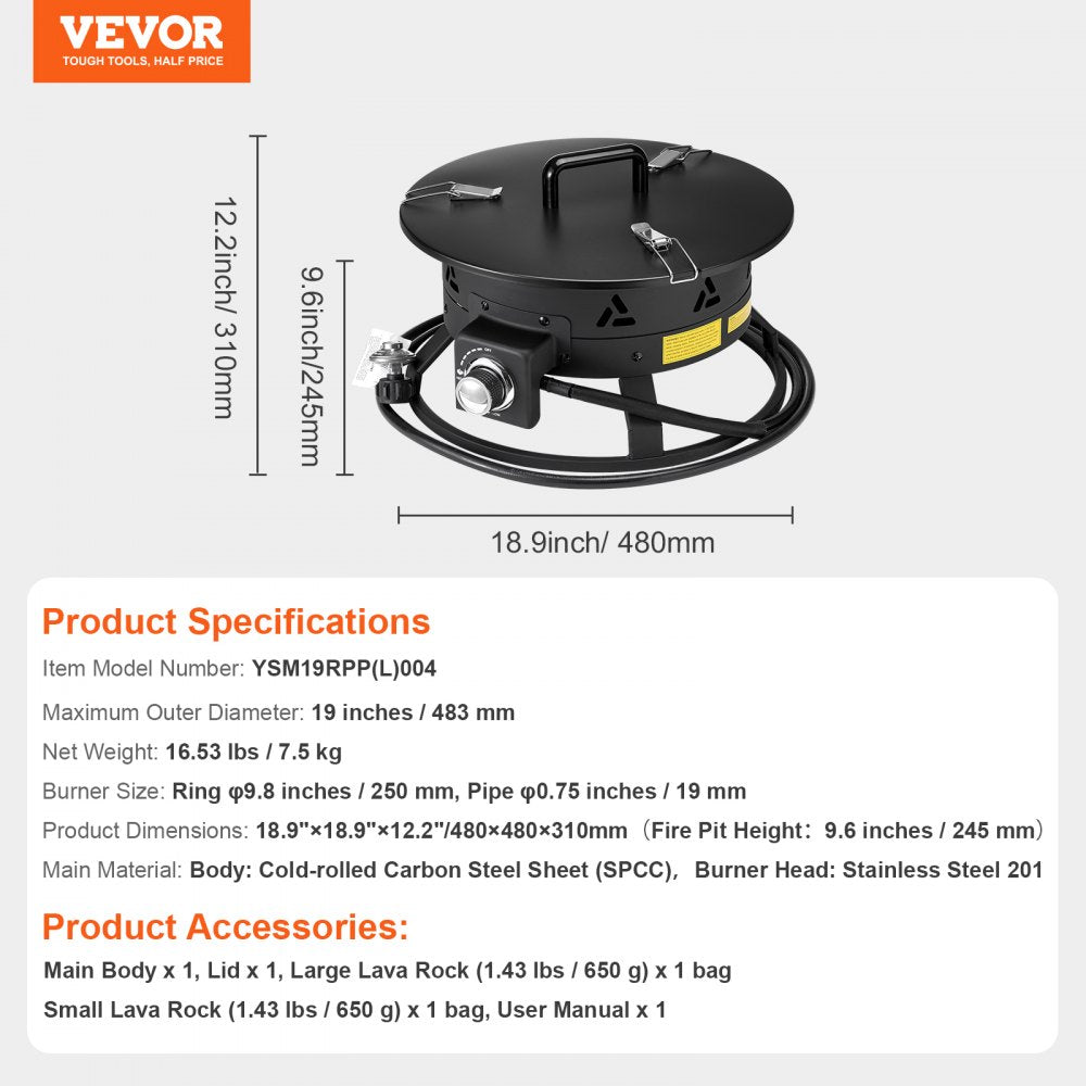 VEVOR Propane Fire Pit, 19-Inch Diameter Outdoor Portable Gas Fire Pit with Cover & Lava Rocks, Adjustable Flame Height Camping Firepit for Heating, Lighting, Gathering, 58,000 BTU, Black