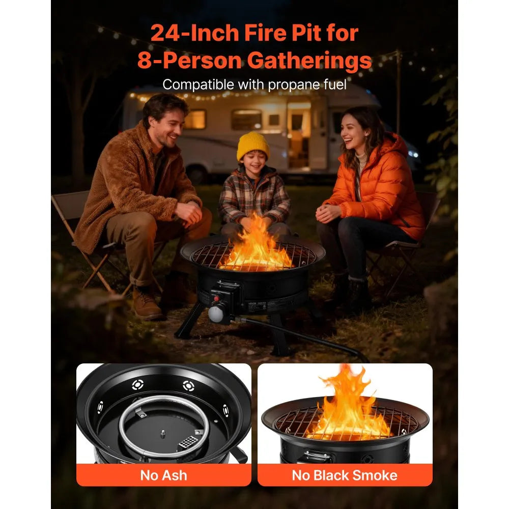 VEVOR Propane Fire Pit 24-Inch, 53,000 BTU Portable Gas Fire Pit, with Grill Grate & Lava Rocks, Adjustable Flame, Folding Legs,Smokeless Outdoor Firebowl for Camping, Patio, Backyard, Deck, RV, Black