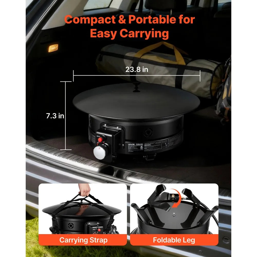 VEVOR Propane Fire Pit 24-Inch, 53,000 BTU Portable Gas Fire Pit, with Grill Grate & Lava Rocks, Adjustable Flame, Folding Legs,Smokeless Outdoor Firebowl for Camping, Patio, Backyard, Deck, RV, Black