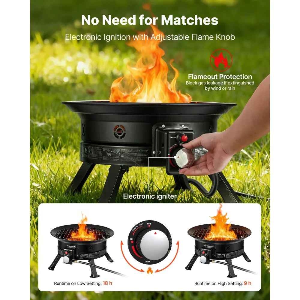 VEVOR Propane Fire Pit 24-Inch, 53,000 BTU Portable Gas Fire Pit, with Grill Grate & Lava Rocks, Adjustable Flame, Folding Legs,Smokeless Outdoor Firebowl for Camping, Patio, Backyard, Deck, RV, Black