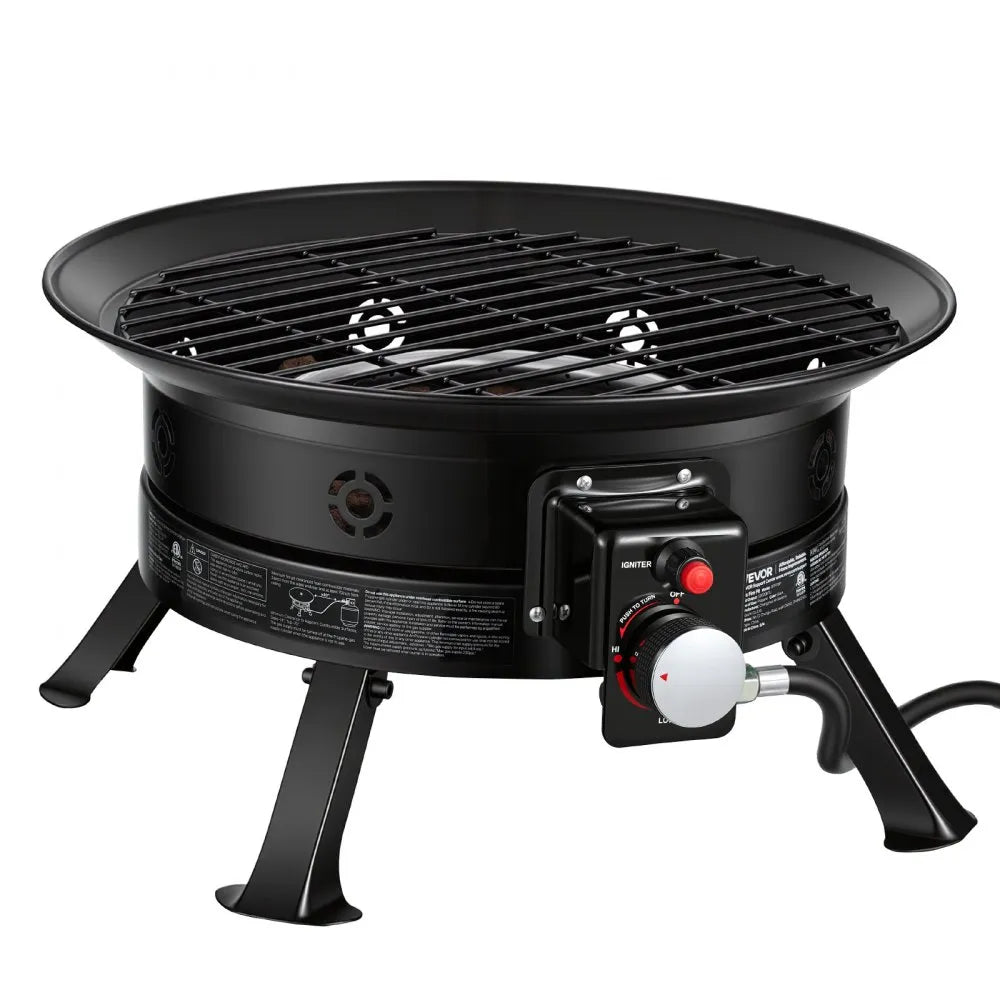 VEVOR Propane Fire Pit 24-Inch, 53,000 BTU Portable Gas Fire Pit, with Grill Grate & Lava Rocks, Adjustable Flame, Folding Legs,Smokeless Outdoor Firebowl for Camping, Patio, Backyard, Deck, RV, Black