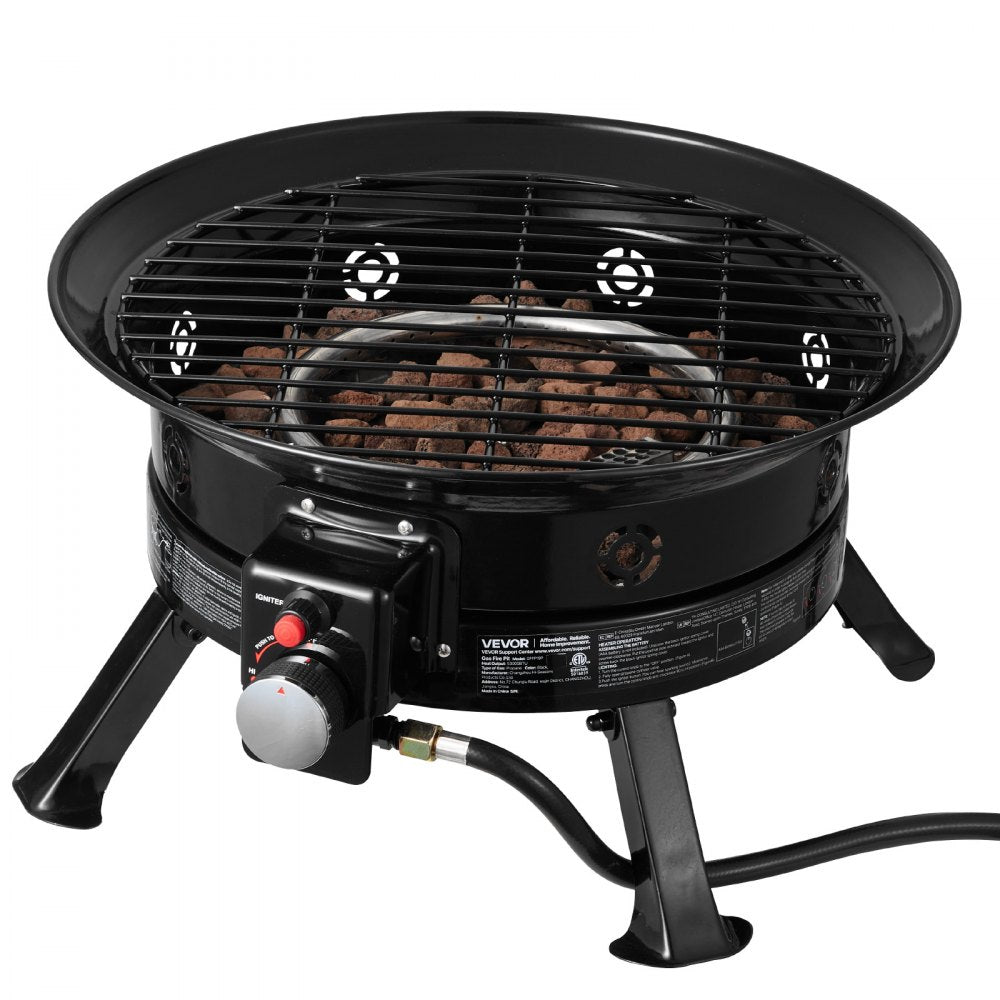 VEVOR Propane Fire Pit 24-Inch, 53,000 BTU Portable Gas Fire Pit, with Grill Grate & Lava Rocks, Adjustable Flame, Folding Legs,Smokeless Outdoor Firebowl for Camping, Patio, Backyard, Deck, RV, Black