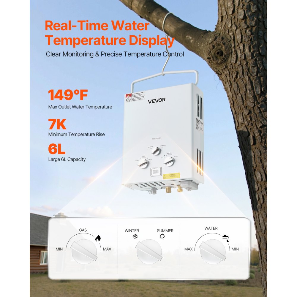 VEVOR Portable Propane Water Heater, 6L Tankless Outdoor Water Heater, 41000 BTU 1.58 GPM Instant Hot Water, with Accessory Set + Regulator for RV Camping Trips Cabins Barns