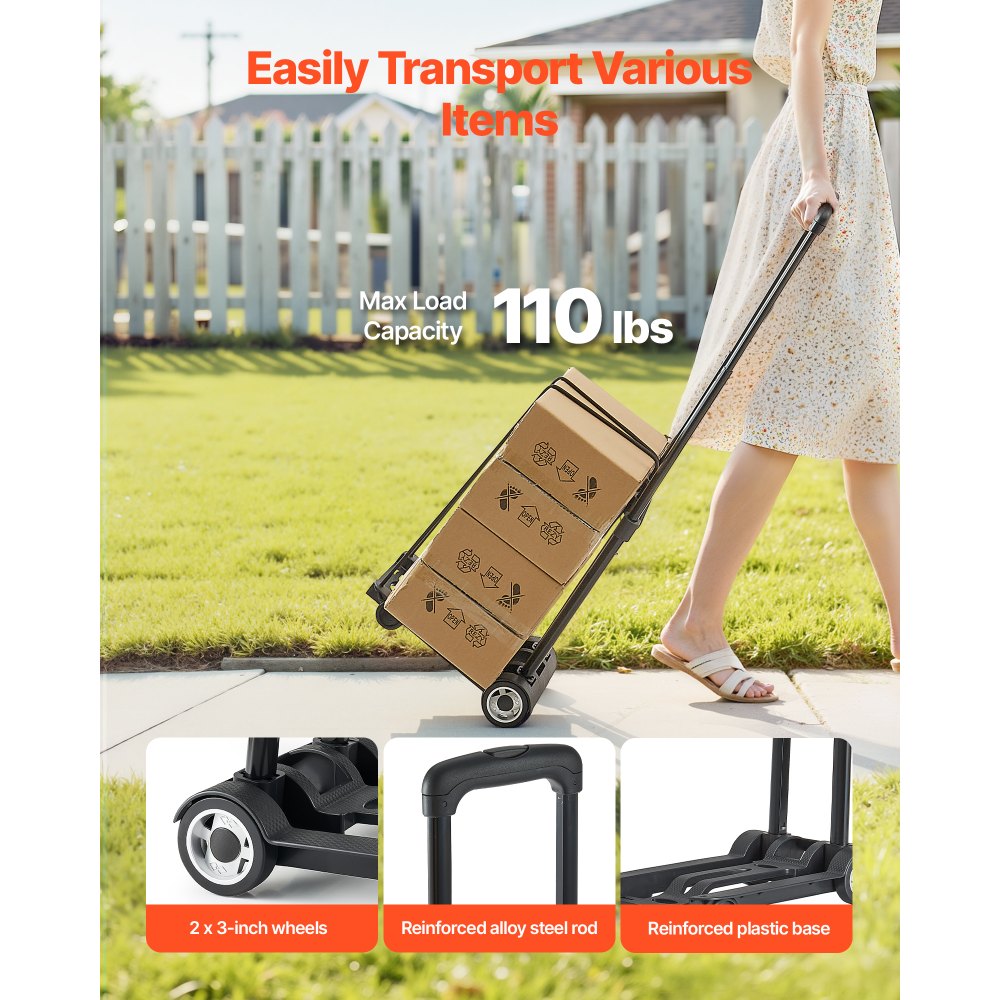 VEVOR Folding Hand Truck, 110 lbs Load Capacity, Collapsible Luggage Cart with 2 Wheels & 1 Elastic Rope, Utility Dolly Platform Cart for Airport Travel Furniture Luggage Office Moving, Black