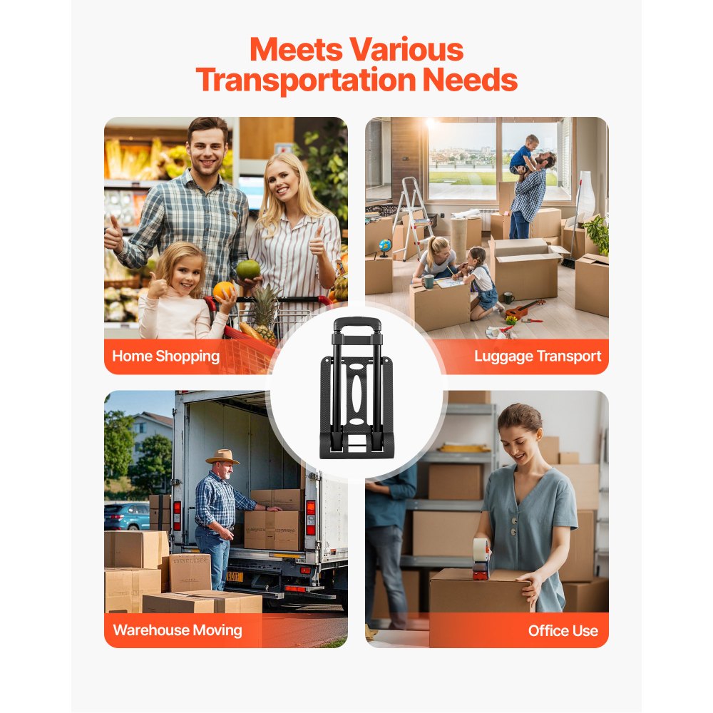 VEVOR Folding Hand Truck, 110 lbs Load Capacity, Collapsible Luggage Cart with 2 Wheels & 1 Elastic Rope, Utility Dolly Platform Cart for Airport Travel Furniture Luggage Office Moving, Black