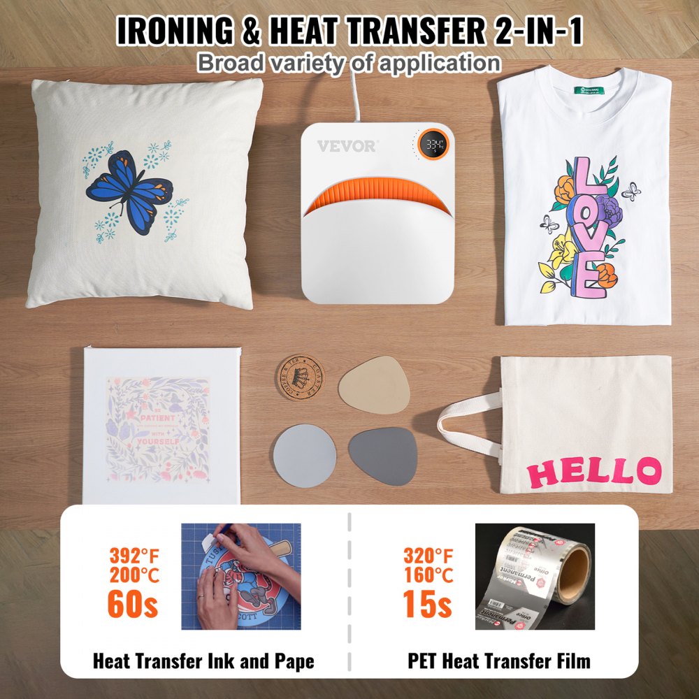 VEVOR Heat Press Machine,10x12inches Portable Shirt Printing Multifunctional Sublimation Transfer Heat Press Machine PTFE Coated, Easy Iron-on Press for T-shirts/Bags/HTV/Pillows Vinyl Projects