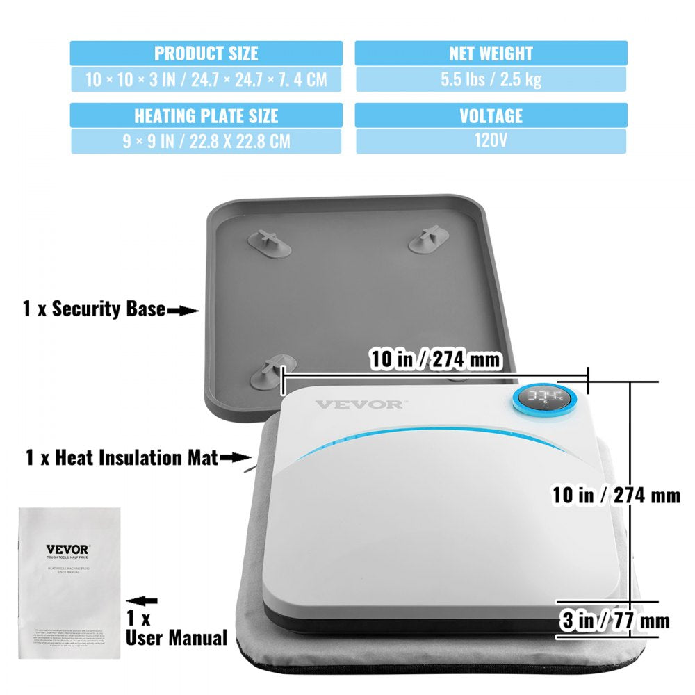 VEVOR Heat Press Machine,9x9inches Portable Shirt Printing Multifunctional Sublimation Transfer Heat Press Machine PTFE Coated, Easy Iron-on Press for T-shirts/Bags/Pillows/HTV Vinyl Projects